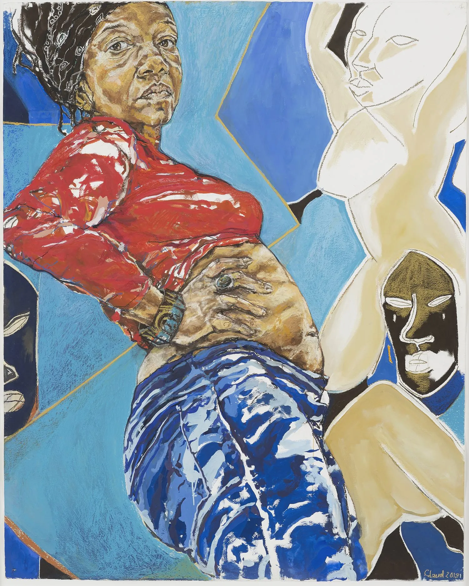 Claudette Johnson, Standing Figure with African Masks, 2018