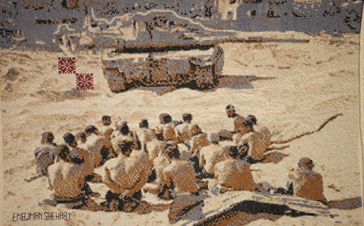Iman Shehaby, Lined Up Before a Tank, 2025, cross-stitch on fabric, 50x80 cm, based on public domain imagery