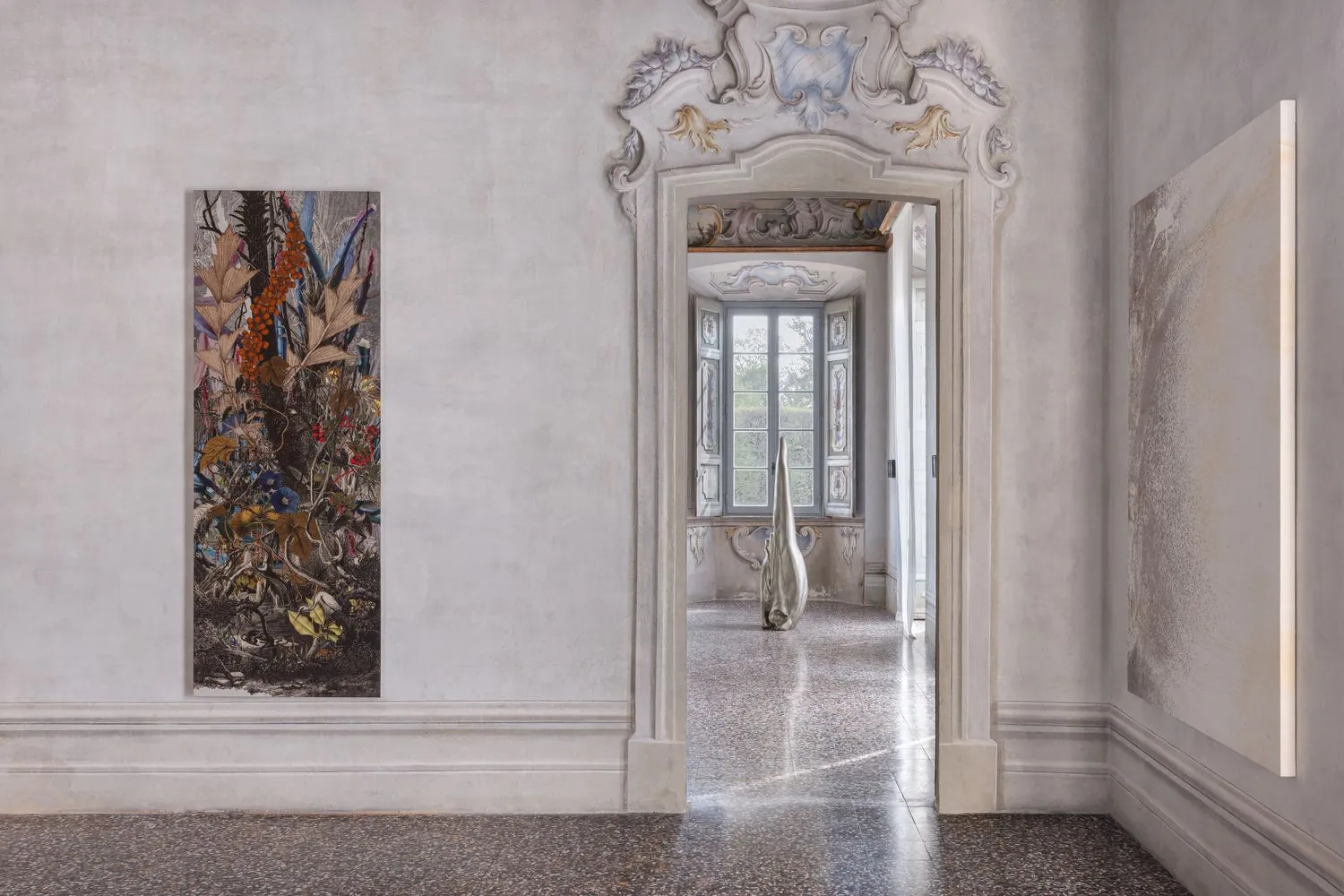 Installation view of Art & Nature- Inside Out at Villa Arconati, featuring work by Luca Vitone (Villa Adriana (veduta del canopoda due finestre)_G2_2A and Villa Adriana (vedutadall'osservatorio di roccab ru n a)_ H22B) and Not Vital (Tongue)
