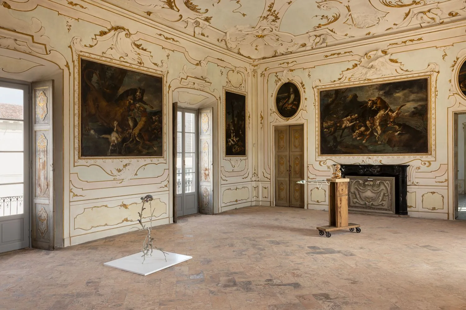 Installation view of Art & Nature: Inside Out at Villa Arconati, featuring works by Angela Lyn (Hunt of the Day), and Nicola Ghirardelli