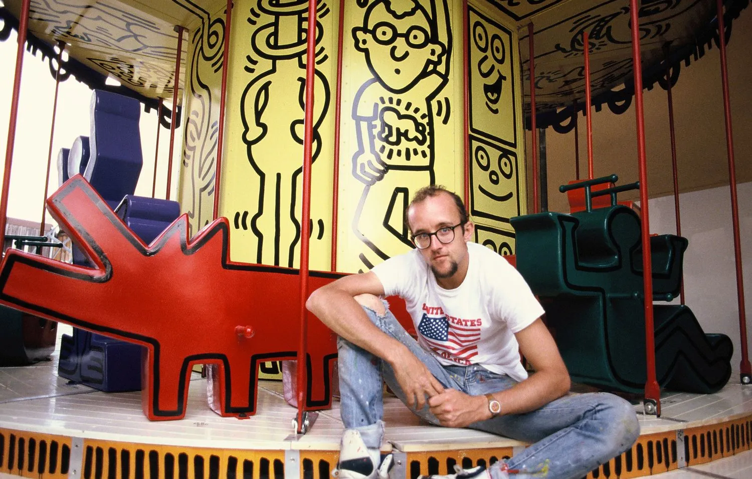 Keith Haring with his painted carousel