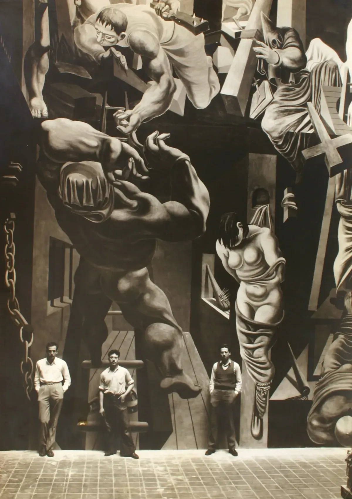 Philip Guston, Reuben Kadish and friend Jules Langsner in front of the mural, ‘The Struggle Against Terrorism,’ ca. 1934