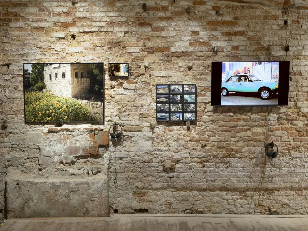 Mohammad Saleh, Ardawa, June 30, 2023, photograph by Emily Jacir, 74.4 x 100 cm and video excerpts from the first blog in Arabic on bio-remediation; Duncan Campbell and Samer Barbari, Nothing Impossible, 2018. Video, 4'12