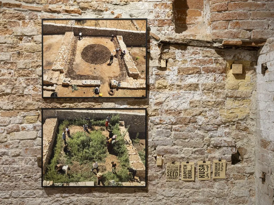 Vivien Sansour Home, 2018, 2 photographs by Vivien Sansour, Awad Hamad. Seed packets from the Palestine Heirloom Seed Library.