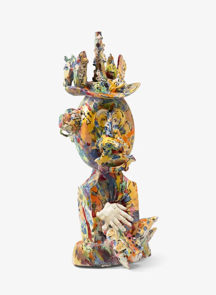Viola Frey, Untitled (Oval Head Bricolage, Figurines on Hat), 1980.