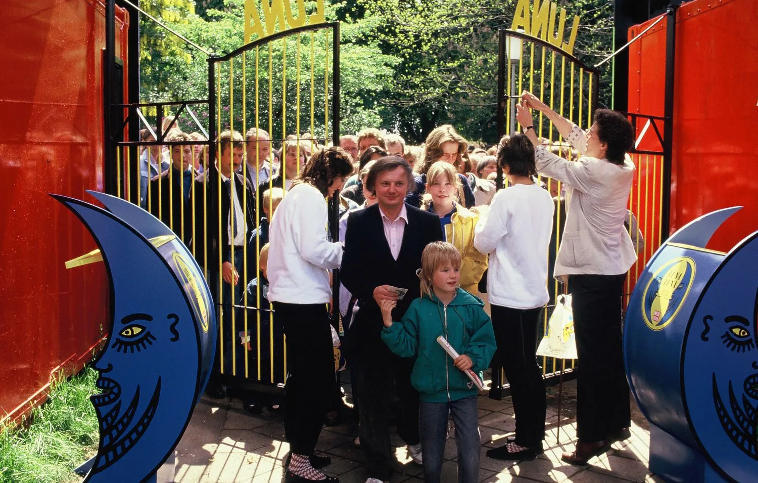 Visitors enter Luna Luna gates. Hamburg, Germany, 1987